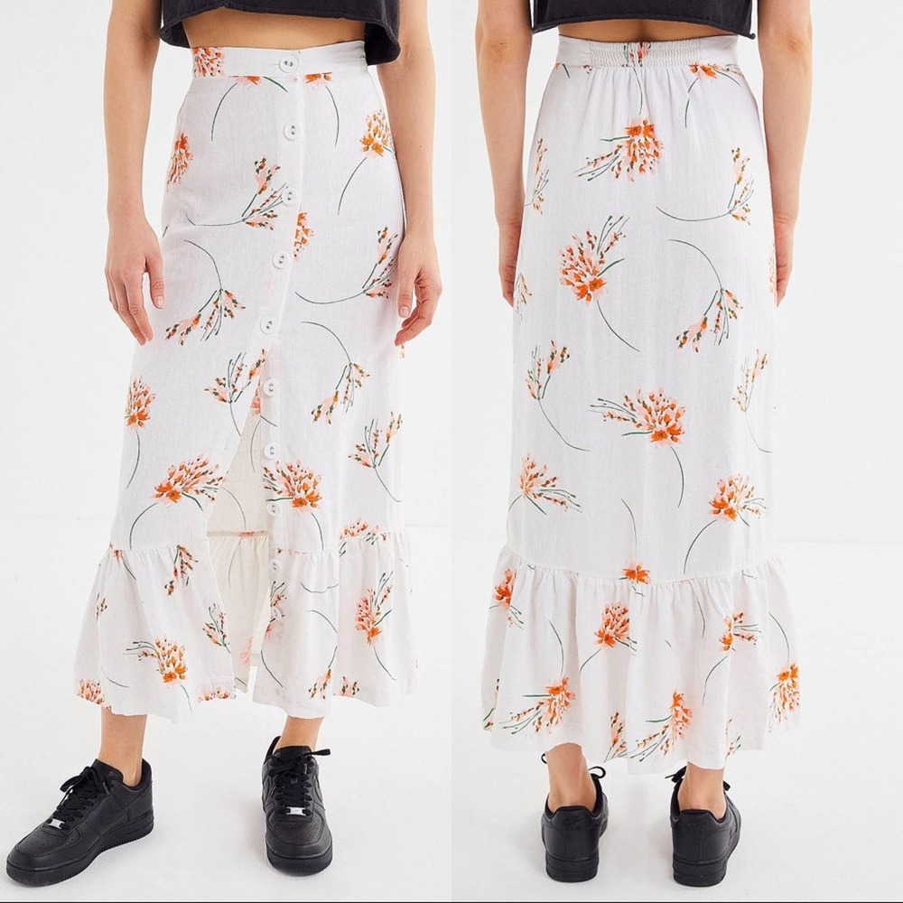 Urban Outfitters Linen Ruffle Button Up Floral Maxi Skirt